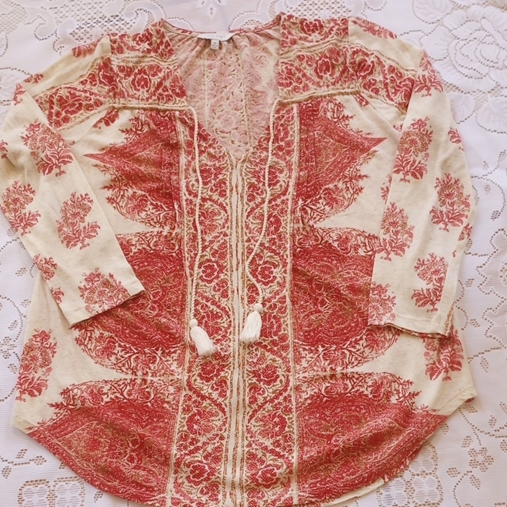 Lucky BRAND  Red and Cream Women's Top, Sz Med